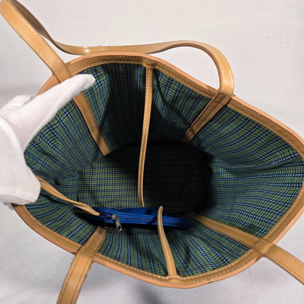 VINTAGE 90s Y2K Whitney Blue Canvas & Tan Trim Open Top Structure Roomy Tote Bag - Picture 10 of 17